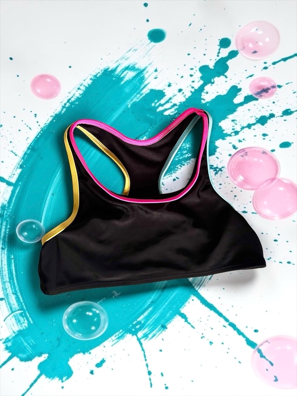 💛 Girls Black Athletic Swim Top Multicolor Trim ✨🌈 L (10–12) EUC